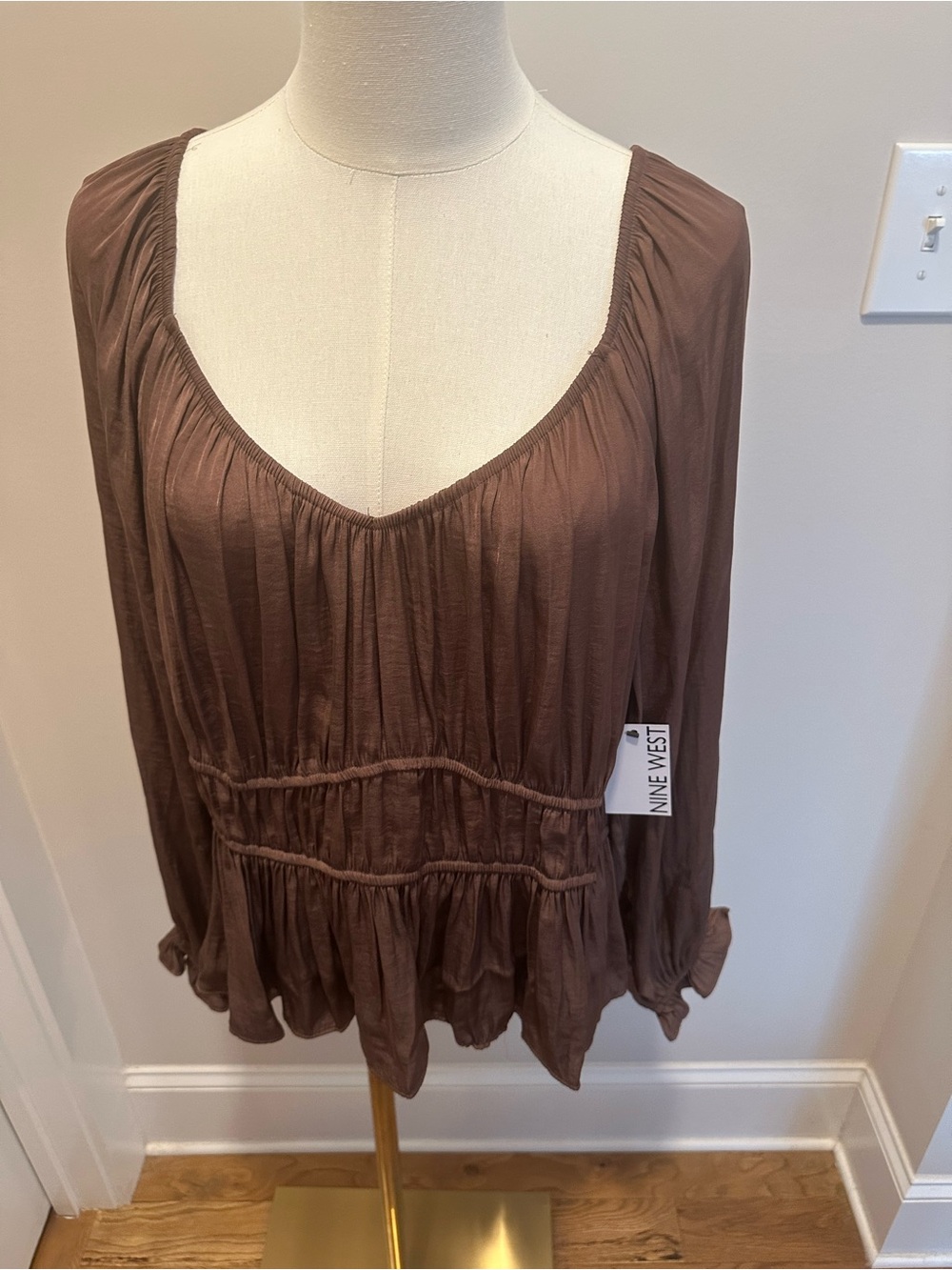 Nine West Chocolate Brown Gathered Peasant Top